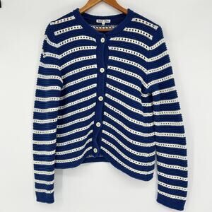 ALEX MILL Haley Cardigan Sweater Womens Large FLAWED Chunky Knit Striped Cotton